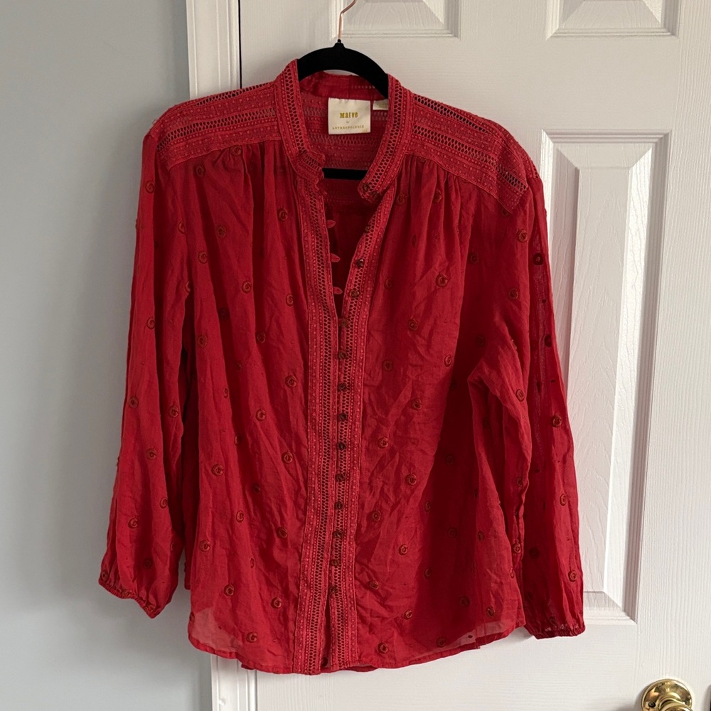 Anthropologie Maeve Coral Auguste Embroidered Crochet Swiss Dot Blouse Size M